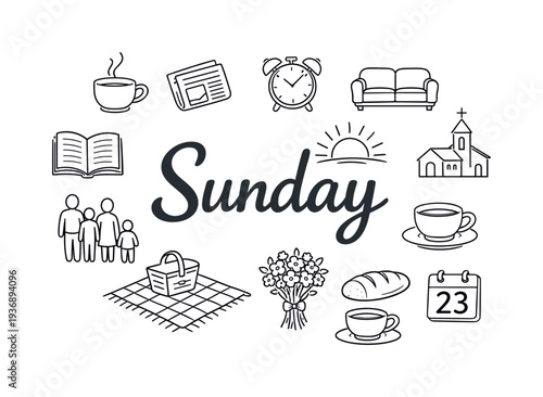 Sunday morning icons representing family, relaxation, and leisure activities