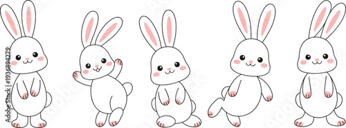Five cute white cartoon bunnies in different poses Keywords: bunny, rabbit, cute, cartoon