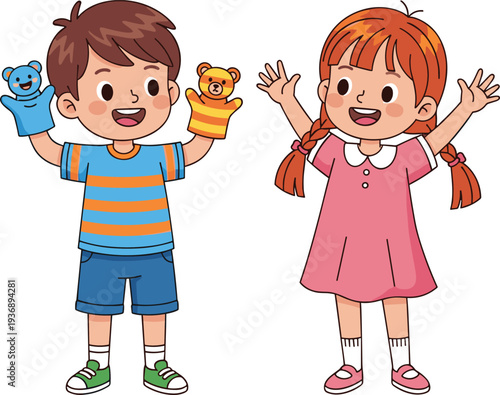 Happy kids playing with hand puppets illustration, cute cartoon boy and girl performing puppet show isolated on white