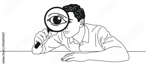 Man Looking Through Magnifying Glass At Eye searching