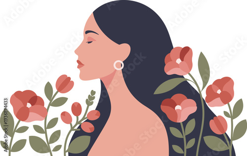 Woman profile with flowers and leaves face head