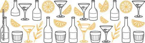 Seamless pattern of drinks and citrus slices Keywords: drinks, cocktails, bottles, glasses