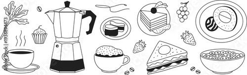 Hand-drawn line art collection of breakfast and dessert items