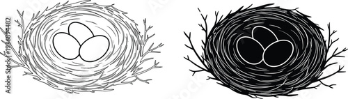 Bird nest illustration with eggs in natural twig nest, line art and silhouette versions isolated on white background for wildlife and nature design