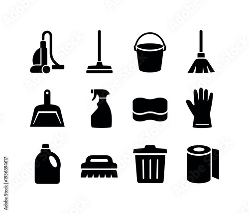 Collection of black cleaning supplies icons on a white background