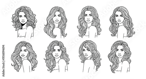 Collection of hand drawn female faces with various detailed hairstyles