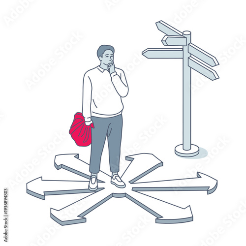 Person at a crossroads contemplating multiple direction choices, symbolizing decision making, dilemma, confusion, and strategic thinking