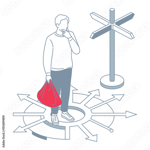 Person contemplating multiple direction choices at crossroads, representing decision making, confusion, uncertainty, and problem solving