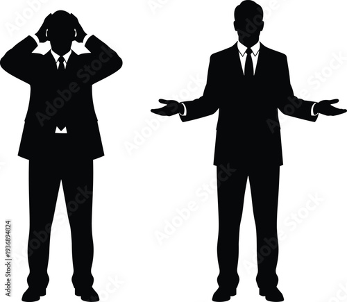 Businessman silhouettes showing stress and explanation gestures, corporate man in suit expressing confusion and presentation pose isolated on white background for business concept