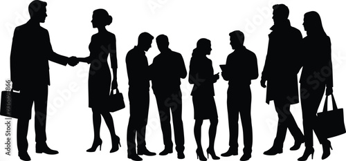 Set of black business people silhouettes shaking hands, talking, and walking with briefcases isolated on white background for corporate design