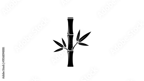 Minimalist Black Bamboo Stalk with Leaves Silhouette on White Background