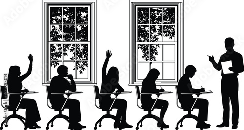 Classroom silhouettes with teacher and students sitting at desks, raising hands and writing during lesson, education scene with windows isolated on white background