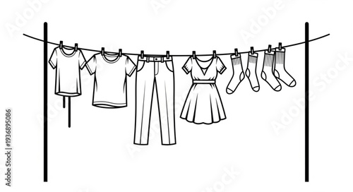 Clothesline Displaying Various Garments Hanging Outdoors for Drying in the Sunlight.