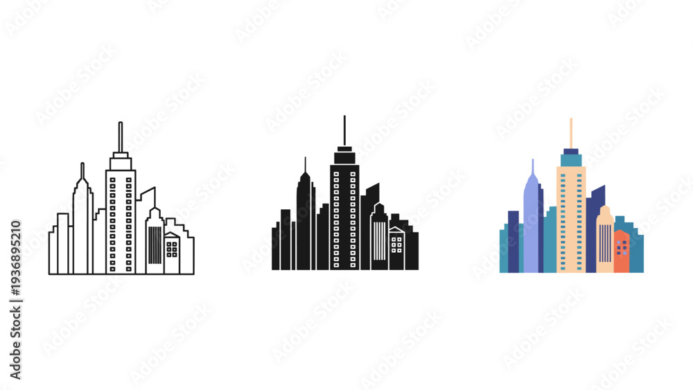 Obraz premium Cityscape Skyline Buildings Commercial Vector Icons