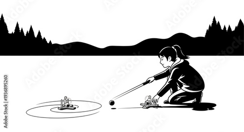 Young girl intently playing curling on a frozen lake, focused and determined.