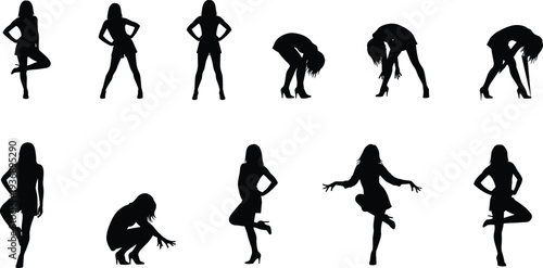 Collection of female silhouettes in stylish poses wearing heels, elegant fashion model figures isolated on white background, beauty and lifestyle pose set
