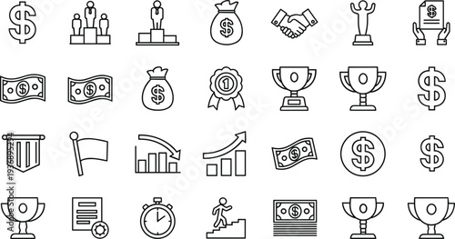 Business success finance and achievement outline icon set trophy money growth vector symbols collection