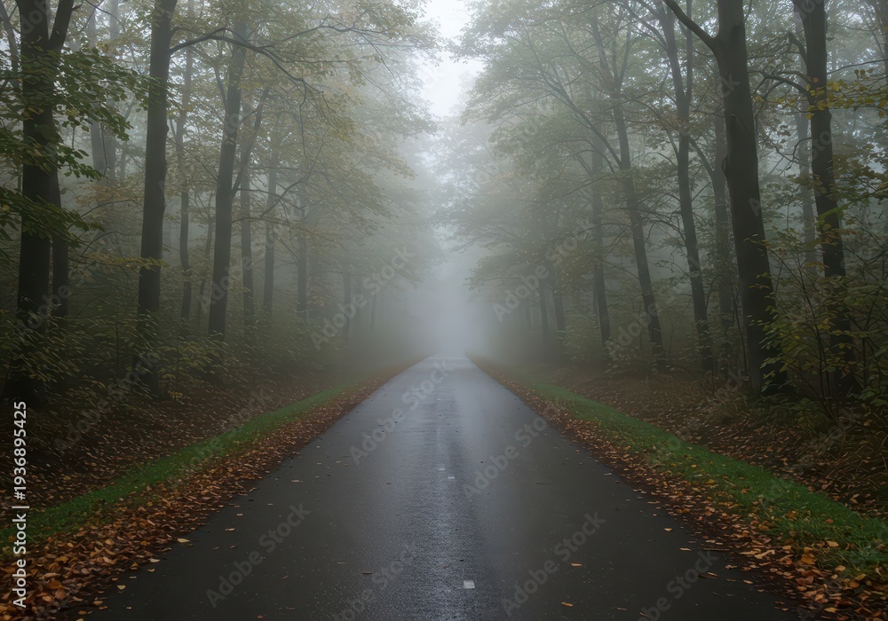 Fototapeta premium Serene woodland scene featuring an empty, wet asphalt path stretching toward a vanishing point shrouded in thick morning fog, atmosphere, journey, fog