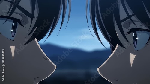 Anime close-up of two characters facing each other with blue eyes and dark hair