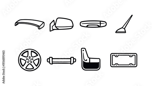 Car parts and accessories illustrations in a minimalist style