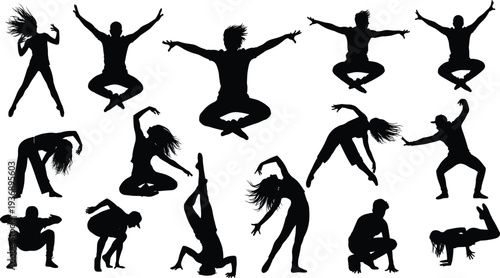 Dance silhouettes collection with energetic men and women performing hip hop, freestyle and contemporary dance poses isolated on white background for music and performance design