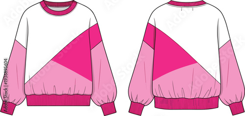 Pink color block sweatshirt illustration, trendy long sleeve pullover front and back view isolated on white background fashion design