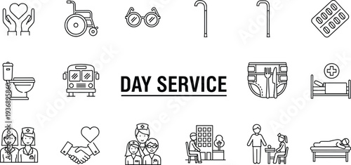 Day service and elderly care icon set with wheelchair nurse caregiver rehabilitation meal support transportation and healthcare assistance symbols in simple outline style