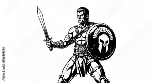 Muscular warrior with sword and shield ready for battle, strong and determined.