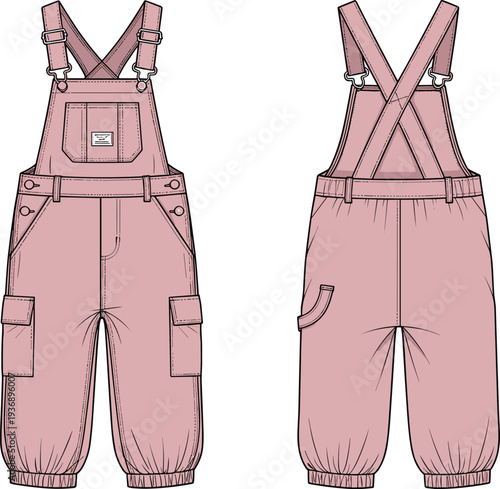 Pink kids overalls mockup illustration, front and back view children bib pants isolated on white background vector design
