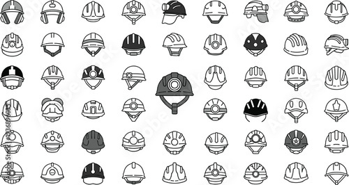 Industrial safety helmet icons collection, construction hard hat worker protection engineering equipment vector outline illustration set