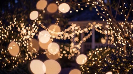 blurred photo, golden bokeh fairy lights in garden,celebration category, nighttime festive background