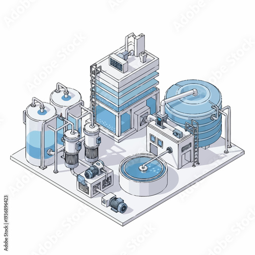 Industrial Water Treatment Plant Isometric Illustration.