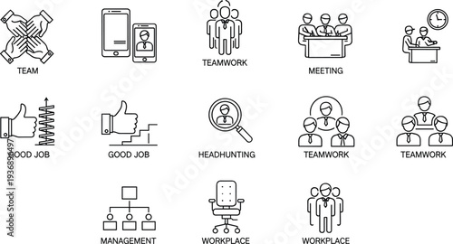 Business Teamwork and Workplace Line Icons Set with Meeting, Recruitment, Management, Collaboration and Employee Success Concepts for Corporate Office and Professional Work