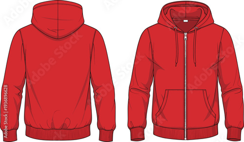 Red zip up hoodie mockup, front and back view casual sweatshirt with hood isolated on white background