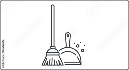 Cleaning Tools Line Icon with Broom and Dustpan Illustration, Housekeeping Service, Home Cleaning Equipment, Sanitation and Maintenance Concept for Household Work