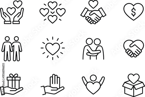 Charity and love line icons collection with helping hands, donation heart, handshake support and community care symbols isolated on white background for nonprofit design