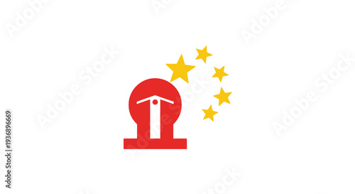 Red emblem with hammer and stars on white background.
