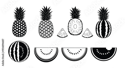 Black and white illustration depicting pineapples and watermelon slices