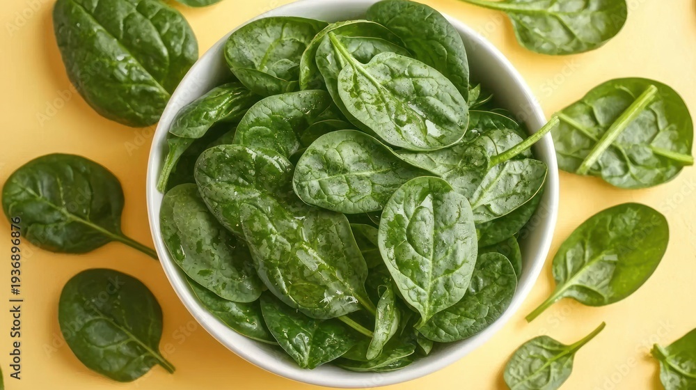 Obraz premium Fresh spinach fills the bowl on yellow background