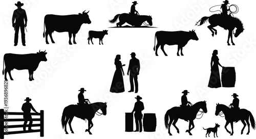 Cowboy and ranch life silhouettes with horses, cattle, rodeo rider and western farm scenes isolated on white background, classic wild west lifestyle illustration set