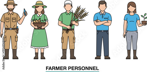 Farmer personnel character set with agriculture workers holding vegetables wheat seedlings and farming tools representing agricultural labor rural profession and farm production team