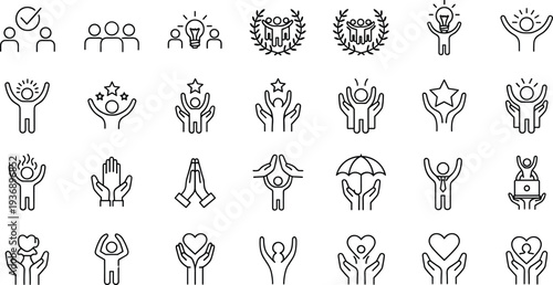 Community support and success line icons set with helping hands, teamwork, leadership, idea, protection and achievement symbols isolated on white background