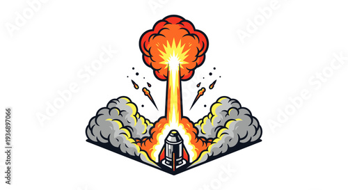 Rocket Launching With Fiery Explosion and Smoke Clouds, Isometric View