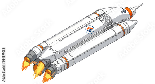 Futuristic Rocket Launching with Fiery Engines and Orange Accents on White Background
