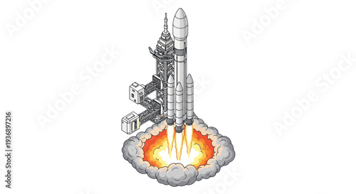 Rocket Launching From Launchpad with Fiery Exhaust and Smoke