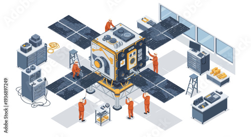 Spacecraft Assembly: Technicians Working on Satellite Construction in a Lab