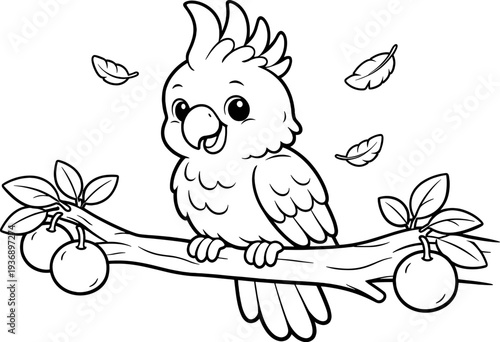 Cockatoo perched with fruit and feathers HQ