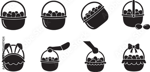 A collection of black and white icons depicting baskets filled with Easter eggs. The icons show various stages of filling the baskets, including a basket being handed