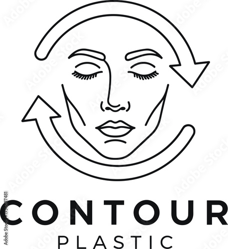Facial Contour Plastic Surgery Line Icon with Female Face and Circular Arrows, Cosmetic Procedure, Beauty Treatment and Aesthetic Clinic Concept Illustration