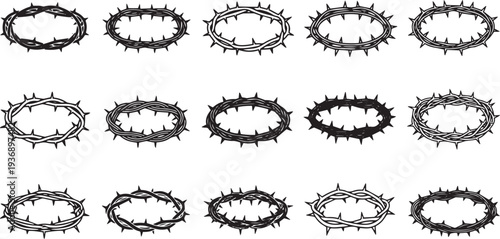 A black and white graphic displays multiple crowns of thorns arranged in a grid pattern. Each crown is composed of prickly branches and a central band.